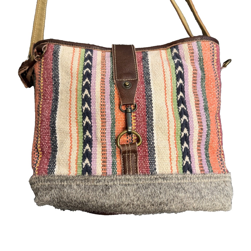Myra Bag Boho Southwest Cowgirl Striped Woven Canvas Leather Shoulder Handbag